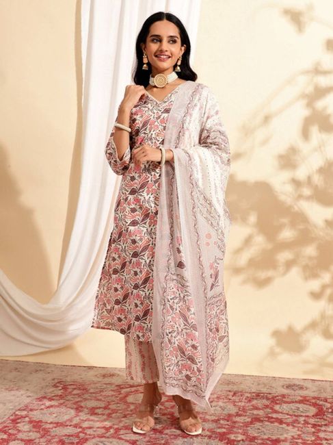 [SMF-49958882C97554-3] Tasrika Floral Print Kurta, Trouser/Pant & Dupatta Set (Multicolor) (L)