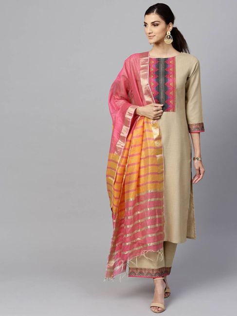 [SMF-9C538DE4A06138-2] Indo Era Women Kurta Palazzo Dupatta Set (Beige) (S)