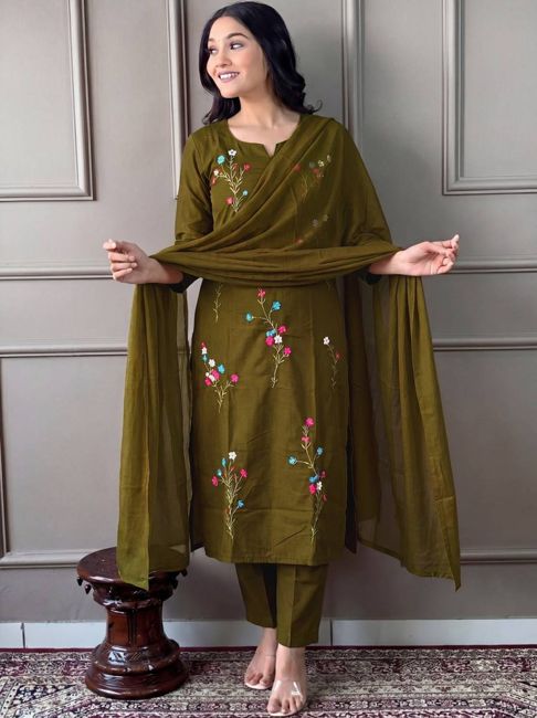 [SMF-3B8FA360BAB4B1-3] C4A Embroidered Kurta, Trouser/Pant & Dupatta Set (Green) (L)