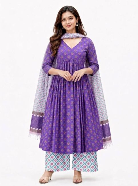 [SMF-76CF9E8EC0EFE9-1] vestiti Printed Anarkali Kurta, Bottom & Dupatta Set (PURPLE) (S)