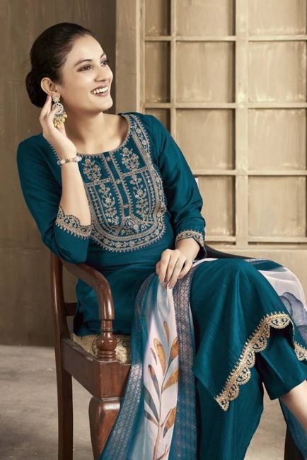 [SMF-B81C97F4B99D62-3] HANUMANTFEBB Embroidered Kurta, Trouser/Pant & Dupatta Set (Rama) (M)