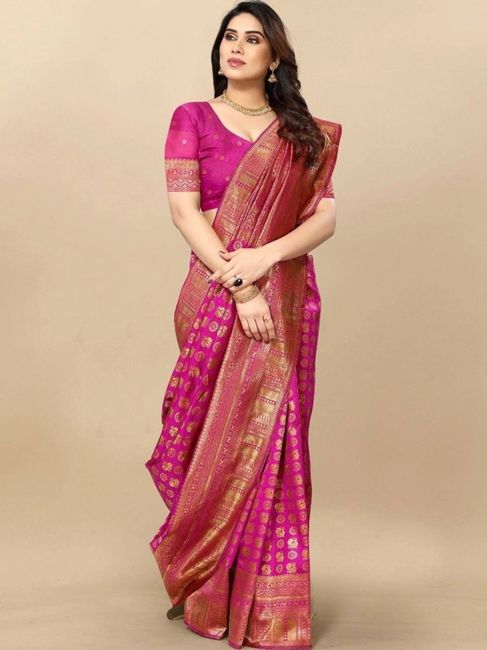 [SMF-946C66B8D14D54-1] Sangria Woven Banarasi Silk Blend Saree (Fuchsia)