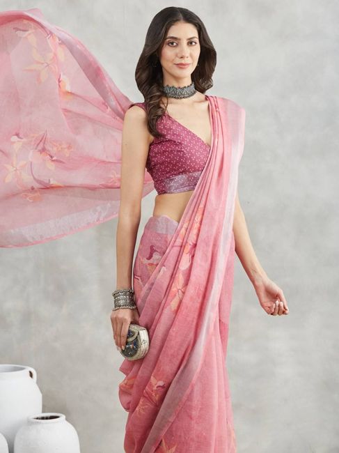 [SMF-E5162B7A17ACC0-1] Janasya Floral Print Banarasi Cotton Blend Saree (Mauve)