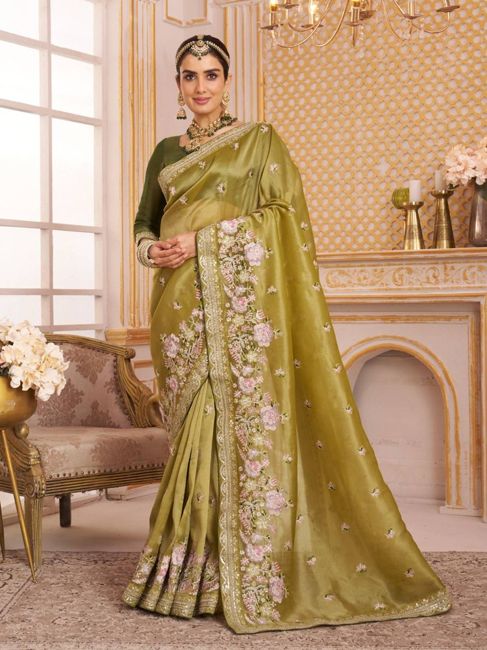 [SMF-4830E9022020F8-1] Laxmipati sarees Embroidered Saree with Attached Blouse Tissue Saree (Olive Green)