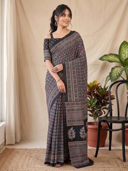 [SMF-152959C9524D0A-1] ANOUK Printed, Geometric Print, Floral Print Kalamkari Silk Blend Saree (Black)