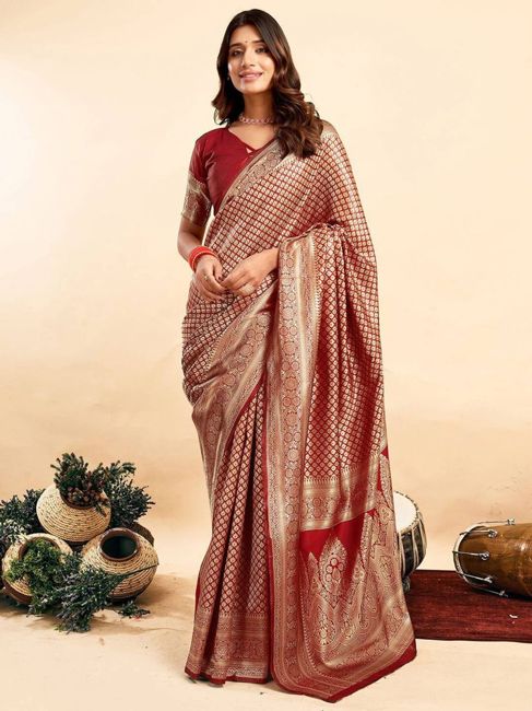 [SMF-F11B7FE53B839D-1] KALINI Woven Banarasi Silk Blend Saree (Golden, Red)