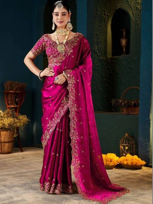 [SMF-AD5E35CC765F43-1] Sangria Embellished Bollywood Silk Blend Saree (Maroon)