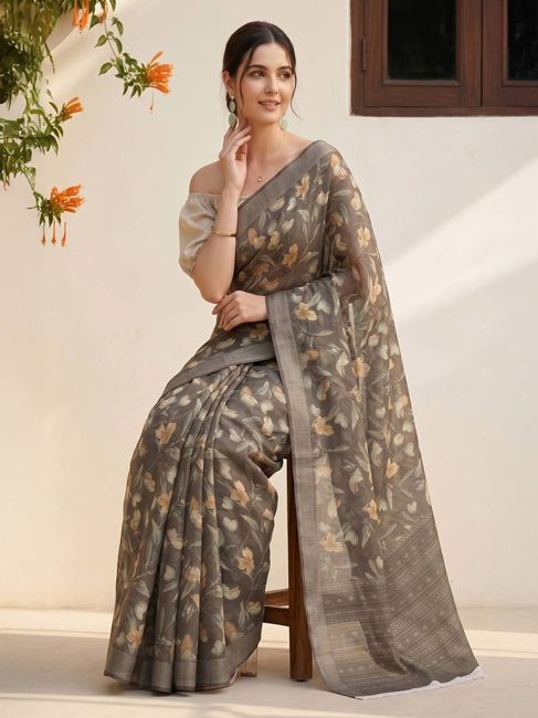 [SMF-258F100D37E316-1] Janasya Floral Print Daily Wear Cotton Linen Saree (Brown)