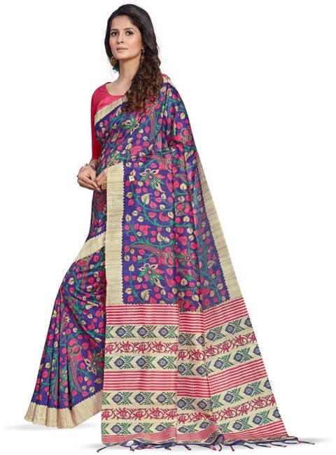 [SMF-8DBE9CEFA2A162-1] ANOUK Printed Bollywood Silk Blend Saree (Blue)