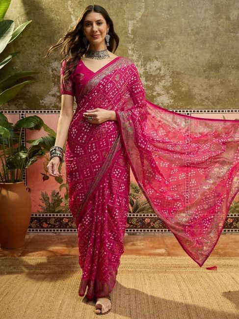 [SMF-08F85C5A24D05F-1] Sangria Printed Bandhani Georgette Saree (Rani)