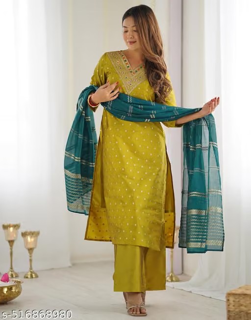 [MSH-8JQANO] Women Mustard Silk Blend Kurta Pant and Dupatta Set