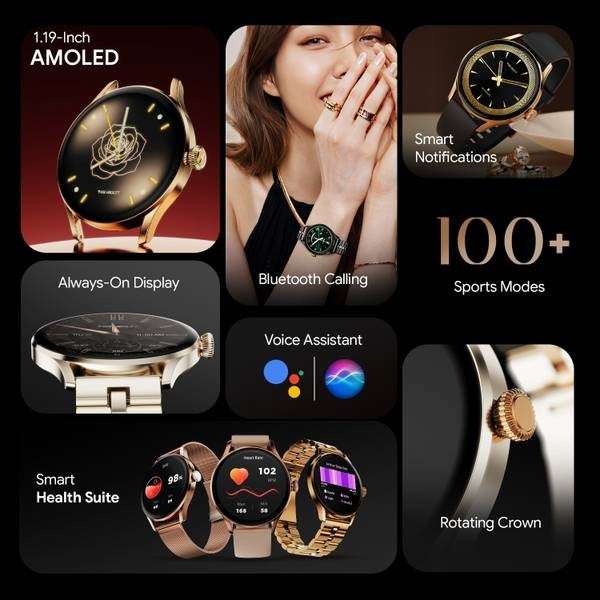 Fire-Boltt Glitz 1.19 AMOLED Display, Rotating Crown, 1000 Nits, BT Call, Metal Body Women Smartwatch (Black, Gold, Free Size) - Photo 3