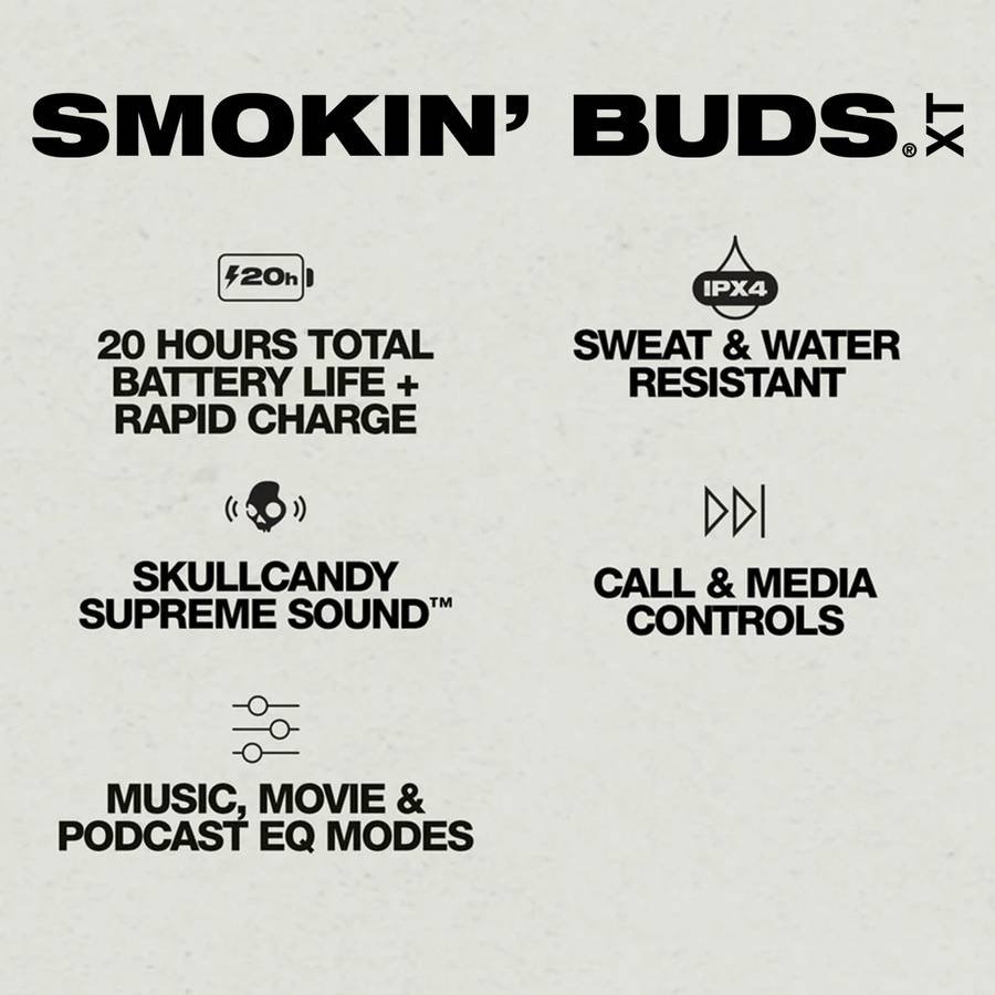 Skullcandy Smokin Buds XT TWS Earbud 3Preset EQmodes,20Hr Playtime+Rapid,Use Either BudSolo Bluetooth (Midnight Smoke) - Photo 2