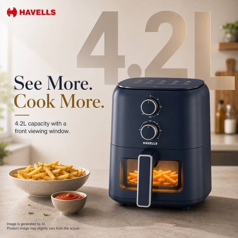 HAVELLS Prolife Brio Air Fryer 4.2 L | Aero Crisp Technology for Air Circulation Aero Crisp Technology for Air Circulation See Through Window Non-Stick Silicon Coated Basket Adjustable Temperature and Time Air Fryer (Blue) - Photo 3
