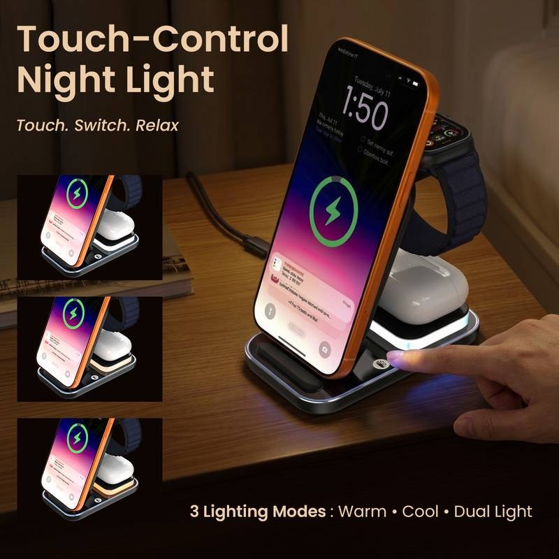 Portronics TriCharge Ultra 3-in-1 Wireless Charger Phone, Watch & Earbuds Adjustable Height Charging Pad (Black) - Photo 3