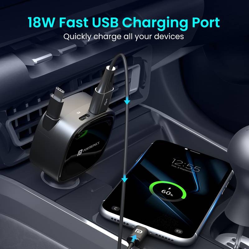 Portronics 84 W Turbo Car Charger - Car Power Retracto 84W Car Charger,Retractable Cable,Dual Port(33W+18W) (Black) - Photo 4