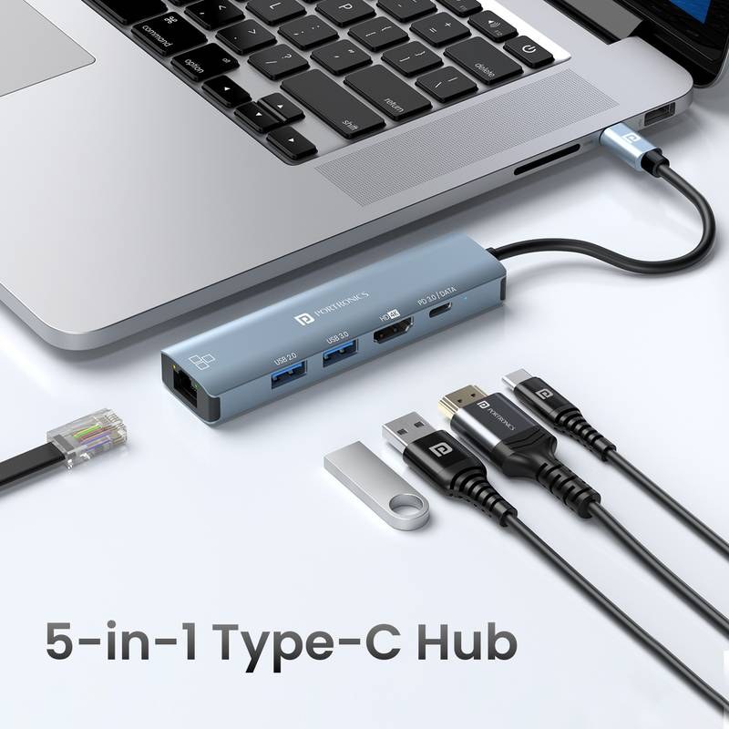 Portronics Mport 51 5-In-1 Type C, RJ 45 Port, 5GBPS Data Transfer, HDMI Port USB Hub (Grey) - Photo 2