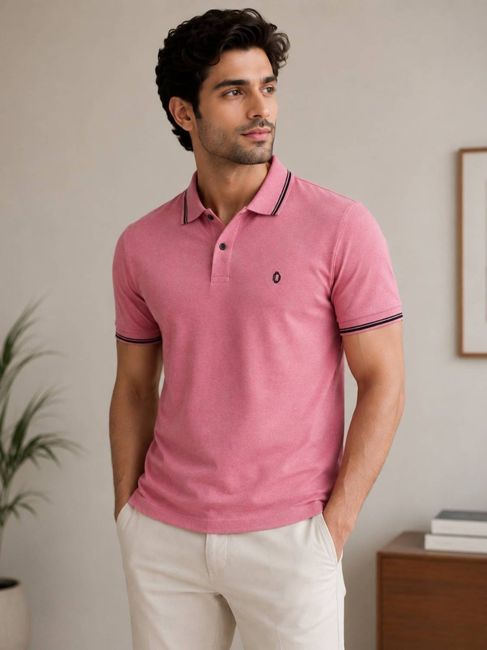 [SMF-466311896ED5B9-3] Dollar Solid Men Polo Neck Pink T-Shirt (L)