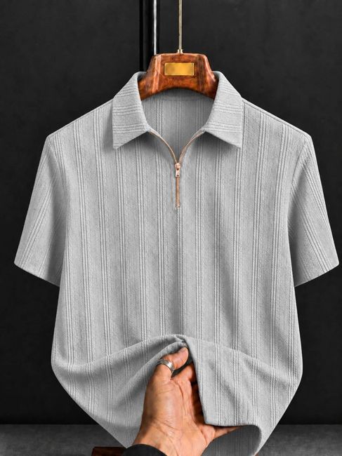 [SMF-9289078055CEDE-2] COMBRAIDED Self Design Men Polo Neck Grey T-Shirt (M)