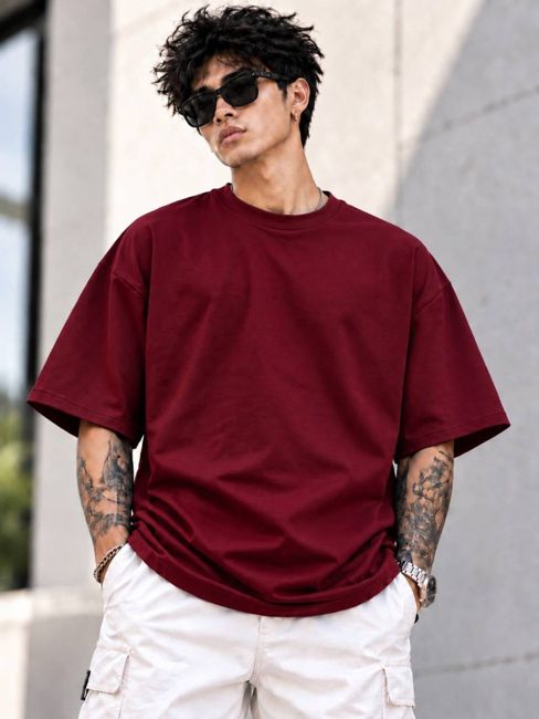 [SMF-882A7CFE16A091-2] thejashreetex Solid Men Round Neck Maroon T-Shirt (M)