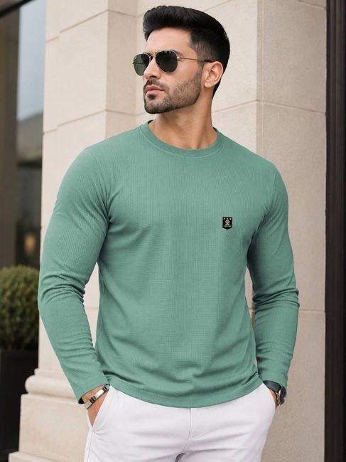 [SMF-6649A0343031C3-3] VeBNoR Self Design Men Round Neck Light Green T-Shirt (Light-Green) (L)