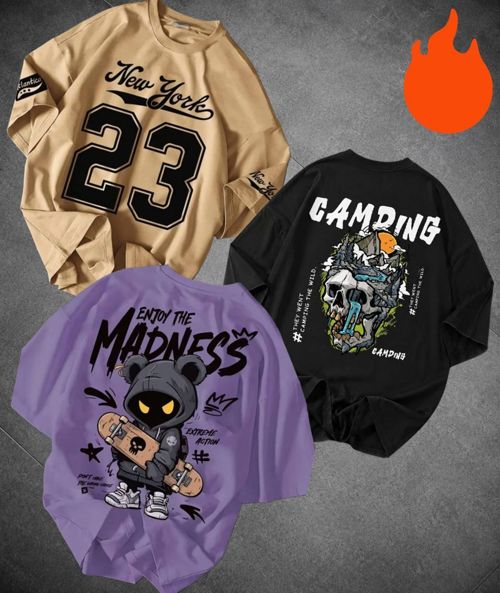 [SMF-1AF099BA566569-3] Madilyn Printed Men Round Neck Beige, Purple, Black T-Shirt (Multicolor) (L)