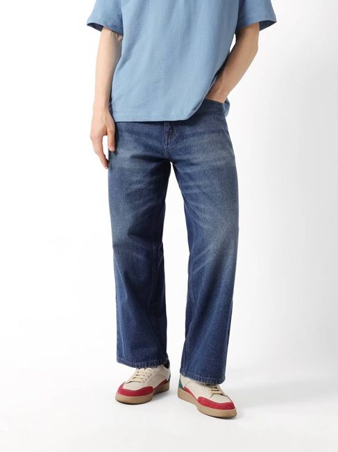 [SMF-B80E32C514F5AA-6] THE BEAR HOUSE Baggy Fit Men Blue Jeans (Mid Blue) (38)
