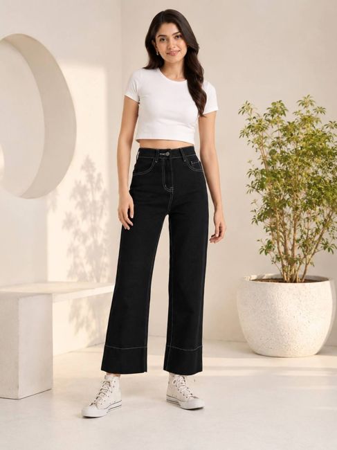 [SMF-9112379F980F23-3] KOTTY Wide Leg Women Black Jeans (Jet Black) (32)