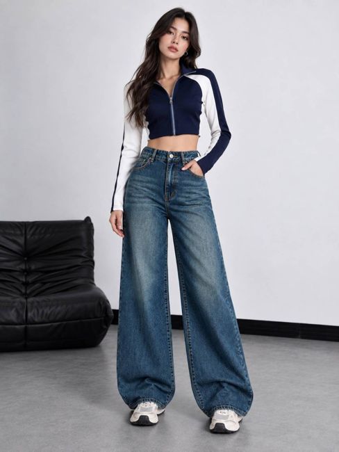 [SMF-962B79ACB36A05-3] KOTTY Wide Leg Women Blue Jeans (Vintage wash Blue) (30)